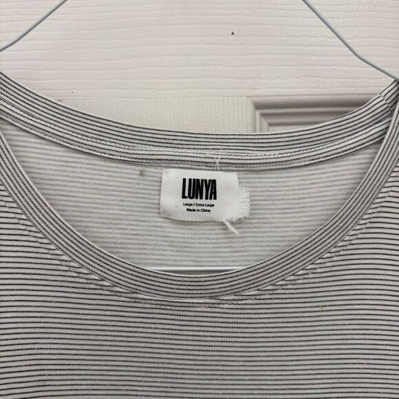 Lunya Cotton Midi Dress Cap Sleeve Striped Boxy Size Large XL White Black - Picture 5 of 10